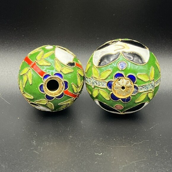 Cloisonne Panda Bamboo Round Ornaments 2” Raise Metal Enamel Green Set of 2 - Picture 5 of 8